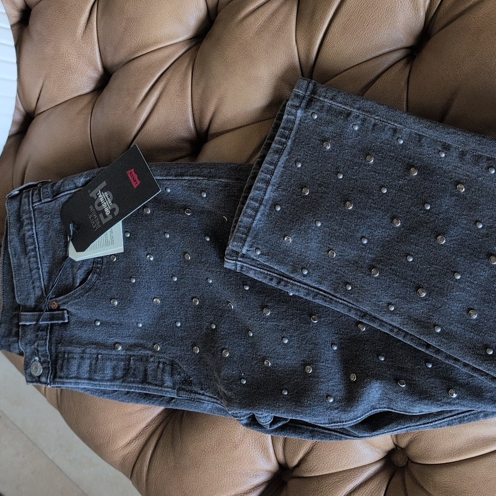 Levi's HTF Women's 501 Original Cropped Jeans - Washed Black Rhinestone Detail